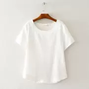 Áo thun cotton ngắn và vải lanh màu văn học chạm đáy ngắn tay áo rộng đơn giản của phụ nữ mùa hè áo mới bằng vải lanh cotton - Áo phông