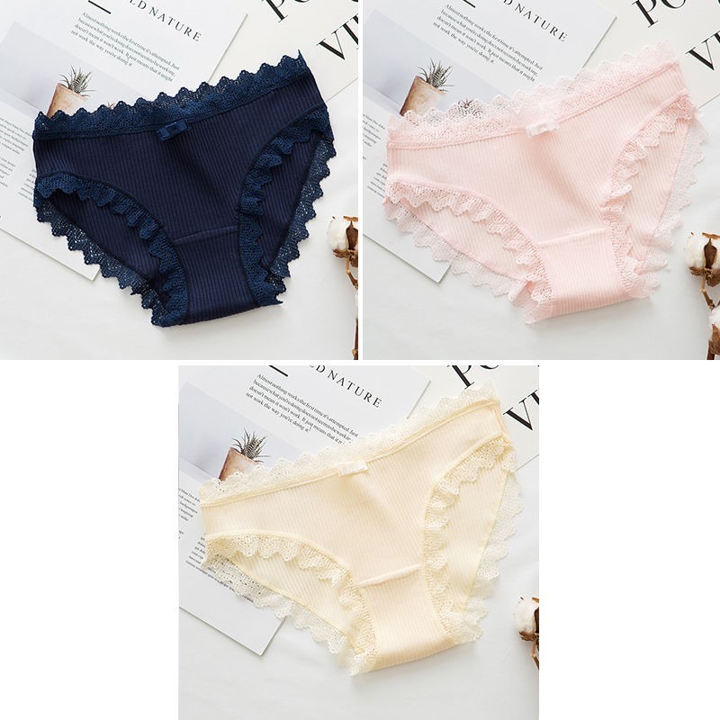 039 Black + Tender Pink + Tender Yellow2 strip / 3 strip ma'am underpants female pure cotton solar system Korean version Cotton girl student middle-waisted girl student Lace Briefs
