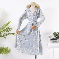 G 11 Mùa Thu Thời Trang New Chữ Thập V-Cổ Dài Tay In Eo Mỏng Mid-length Dress Nữ váy rúm eo	