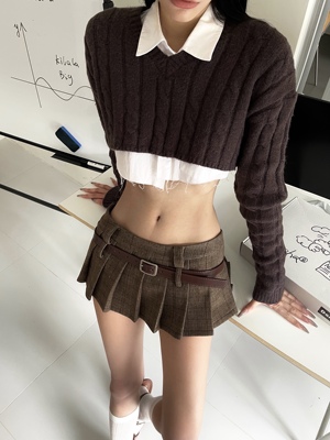 taobao agent 0122tepll brown grid double waist waist waist 袢 anti -light pleated skirt female spring and autumn ultra -short low waist skirt