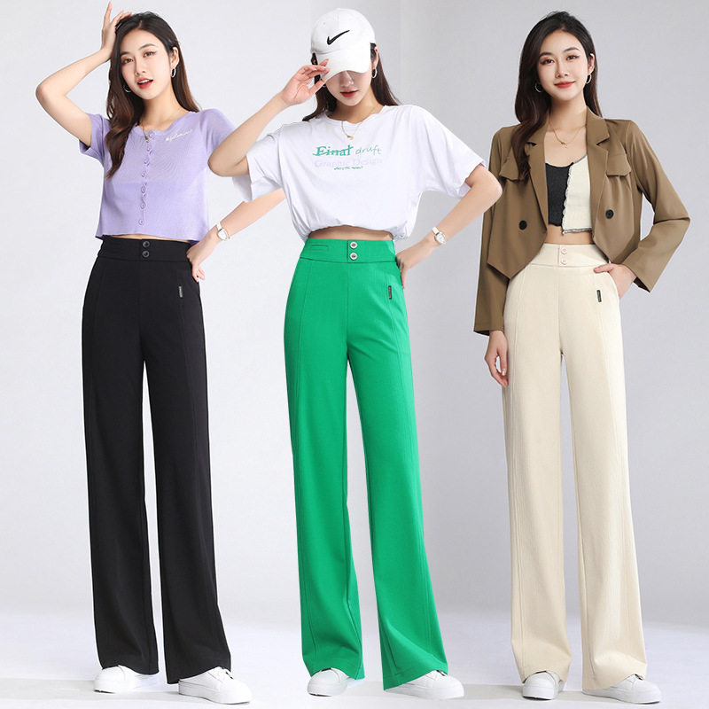 2022 Spring/Summer new trendy women's floor-length pants, fashionable checked wide-leg pants, women's casual and versatile wide-leg straight-leg pants details Picture