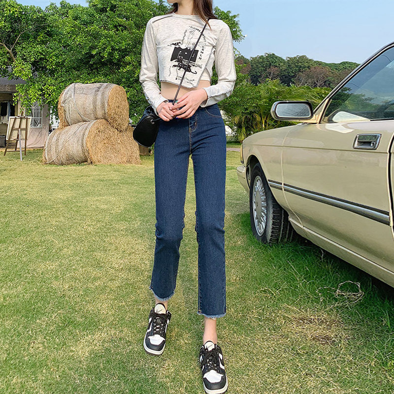 Dark blue cigarette tube straight-leg jeans for women's summer 2022, thin high-waisted pants that show a petite figure Specification image