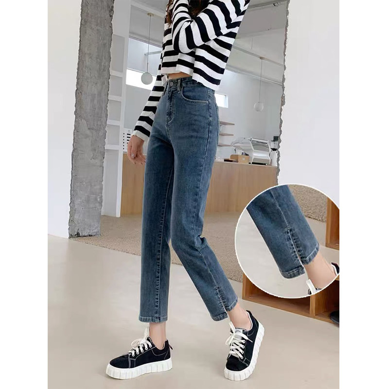 Blue-gray split straight jeans for women in the summer of 2022, a thin new high-waisted and petite cigarette tube pants Specification image