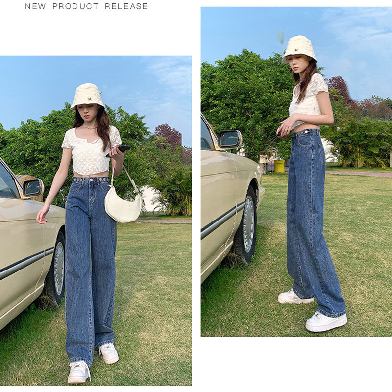 High-waisted loose straight-leg jeans for women's spring/Summer 2022, thin new style, wide-leg floor-length pants with a draping feel Item Picture