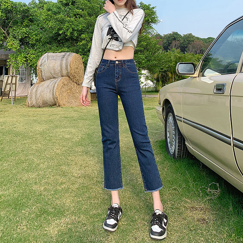 Dark blue cigarette tube straight-leg jeans for women's summer 2022, thin high-waisted pants that show a petite figure Application Scenario