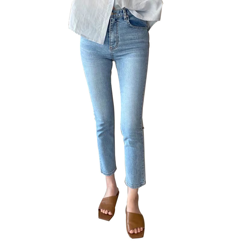 Light blue straight-leg jeans for women in the summer of 2022, a thin new style for petite women, eight-nine-inch cigarette tube pants Item Picture