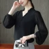 Áo sơ mi voan cổ thu dài tay nữ mùa thu 2018 mới cổ chữ V mỏng cộng với áo nhung phiên bản Hàn Quốc của áo sơ mi tay đèn lồng - Áo sơ mi dài tay