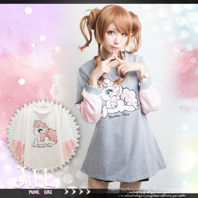 taobao agent O Jier o Japanese soft girl fantasy cartoon ventilation unicorn stitching round neck skirt long T -shirt 17007