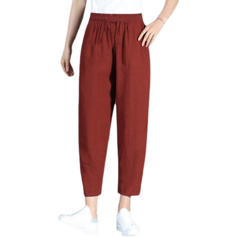 Pure cotton and linen nine-inch pants 2022 summer thin women's pants Loose plum-size mom elastic waist casual pants Halon pants Women Item Picture