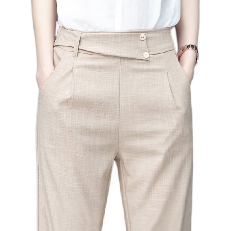 Summer thin cotton-linen imitation fashionable suit pants for women, large-sized high-waisted loose, tight-fitting Harem casual pants for women Item Picture
