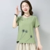 Áo thun cotton và vải lanh cỡ lớn cho nữ 2019 hè mới thêu hoa retro quốc gia nút gió ngắn tay áo sơ mi nữ - Áo phông