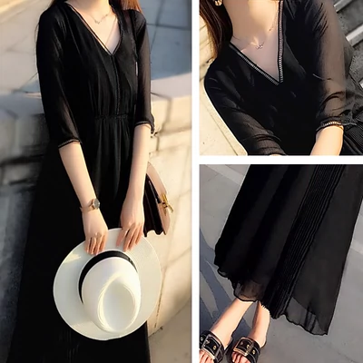 Váy ngắn màu đen Hepburn cổ tích 2020 hè mới váy đen mỏng voan dài cổ chữ V - Sản phẩm HOT