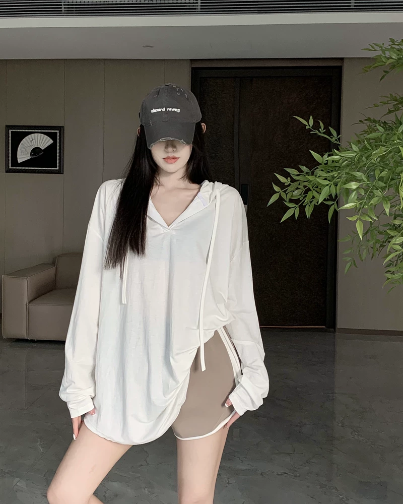 Летняя тонкая футболка с длинным рукавом для беременных с капюшоном, oversize, V-образный вырез, солнцезащита