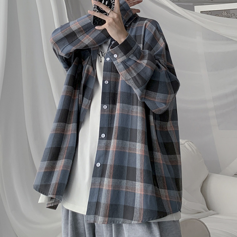 Japanese loose men's Plaid long sleeve shirt spring autumn Korean fashion salt shirt coat