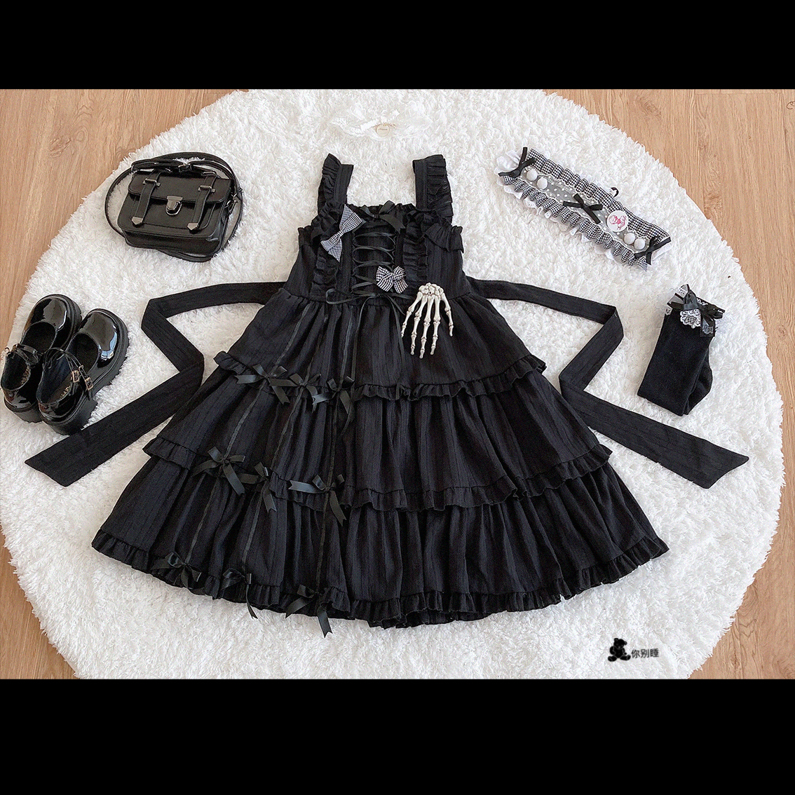 Black Ribbonself-control Lily can Vertical bar bow jacquard weave cotton Cake Bandage bow Dress * Black *