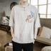 Phong cách trung quốc Tang phù hợp với Hanfu thêu cá linen t-shirt nam mùa hè Trung Quốc cotton ngắn tay thanh niên nằm trang phục dân tộc