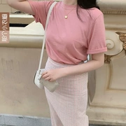 Hàn Quốc mua sắm áo cánh 2019 mùa hè mới ngọt ngào màu hồng quanh cổ ngắn tay T-shirt Z-JU27 - Áo phông