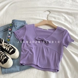 Ретро ткань, короткая футболка с коротким рукавом, V-образный вырез, высокая талия