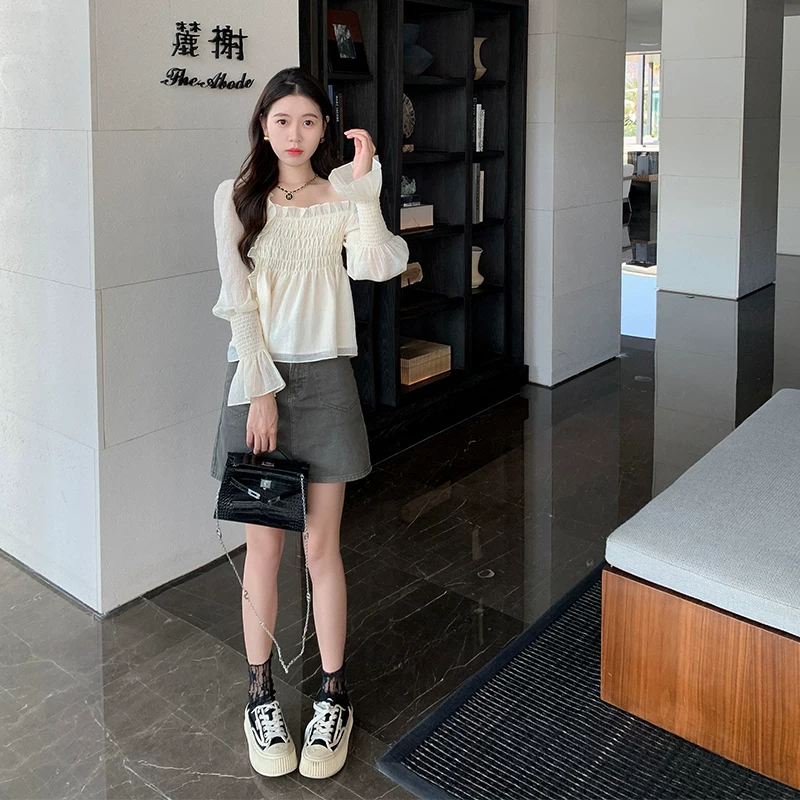 Блузка из кружевной ткани для женщин Весна 2023 года от Zeng Xiaoxian, супер красивая корейская блуза на одно плечо с милым дизайном, чифоновая рубашка