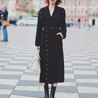 Liseyen mùa thu phụ nữ 2018 new black coat nữ over the knee dài retro eo belt jacket áo khoác dạ nữ 2020