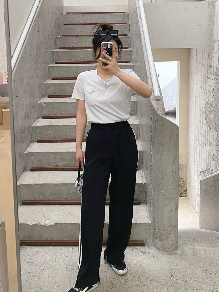 JML Ginger wheat drape air acetate linen side contrasting color high-waisted straight-leg pants Casual pants with elastic waist black versatile Item Picture