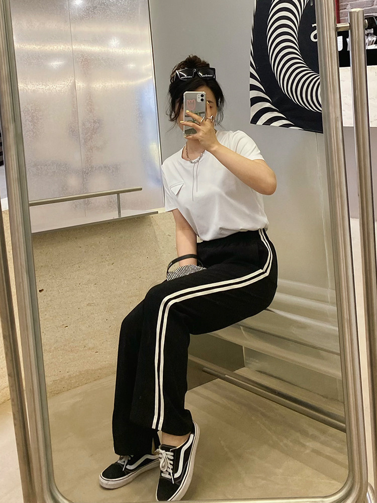 JML Ginger wheat drape air acetate linen side contrasting color high-waisted straight-leg pants Casual pants with elastic waist black versatile Specification image