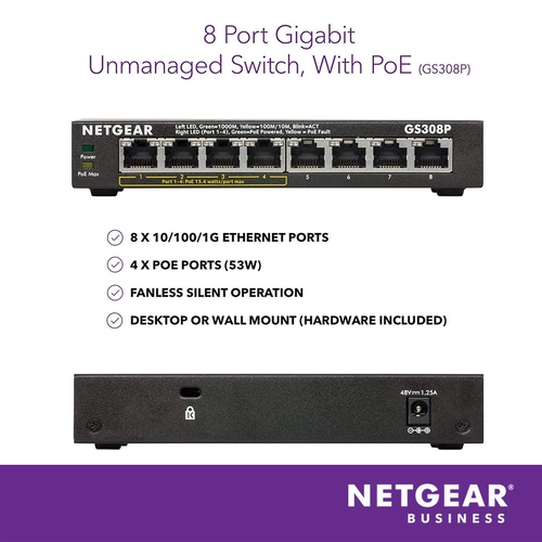 Spot Network Net Netgear GS308P 8 Gigabit POE Switch 1000M 4 Port Port AP камера питания питания питания питания питания питания