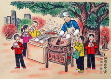 Рисунки акварелью и гуашью 肉夹馍陕西西安名吃美食饭馆农家乐院装饰户县农民画尺寸52x38cm