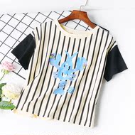 P3 mùa hè mới của Hàn Quốc phiên bản của sọc in T-Shirt thời trang ngắn vòng cổ cổ áo màu khâu ngắn tay áo sơ mi triều