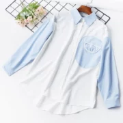 G6 mùa xuân và mùa hè phụ nữ mới của nhỏ tươi màu xanh và trắng lỏng áo sơ mi Hàn Quốc dài tay áo sơ mi đáy áo sơ mi túi cardigan triều