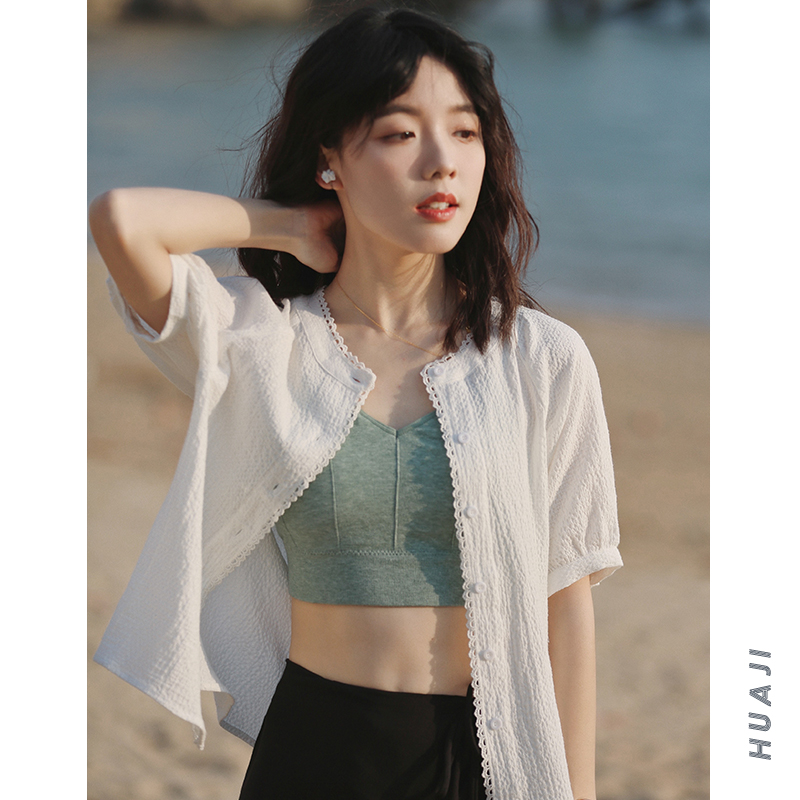 White MilkHuaji A794 white bishop sleeve lace Crew neck shirt female new pattern 2021 Wear out summer Thin Short sleeve shirt