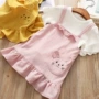 2018 mùa hè mới cô gái trumpet tay áo t- shirt đầu + mèo mặt in treo váy hai mảnh phù hợp với trẻ em thời trang cho bé