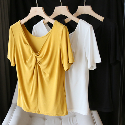 前后均可穿~丝滑铜氨丝设计感打结T恤女短袖内搭春夏宽松半截袖潮