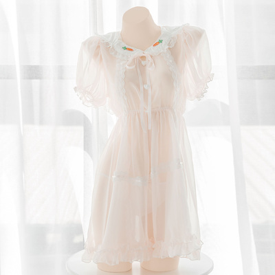 七了个三 软萌粉色小兔雪纺透视睡衣可爱兔耳朵感娃娃领睡裙-淘宝网
