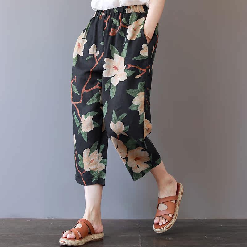 Prime mùa hè mới in quần âu quần đàn hồi văn học gió quốc gia bông cắt quần quần harem lỏng