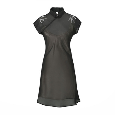 【B/L】新春丽飞鸟肩章透明黑旗袍 旗袍改良版连衣裙女夏2018新款-淘宝网