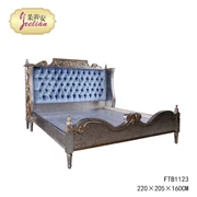 Pháp biệt thự gỗ đôi giường retro dán giấy bạc lá vàng bạc vải màu xanh gỗ rắn đồ nội thất phòng ngủ - Bộ đồ nội thất
