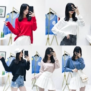 Mùa thu Hàn Quốc phiên bản của chic loose mỏng vòng cổ áo thun màu rắn giản dị hoang dã áo len dài tay T-Shirt phụ nữ