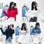 Mùa thu Hàn Quốc phiên bản của chic loose mỏng vòng cổ áo thun màu rắn giản dị hoang dã áo len dài tay T-Shirt phụ nữ áo len nữ