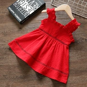 Váy bé gái màu đỏ váy tây mùa hè một rưỡi nữ công chúa bé váy 2 tuổi dây đeo bé 3 - Váy