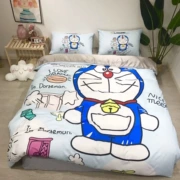 Mùa hè Doraemon giường bốn bộ lụa băng hai mặt giặt lụa trẻ em hoạt hình chăn ga trải giường 笠 1,5 - Bộ đồ giường bốn mảnh