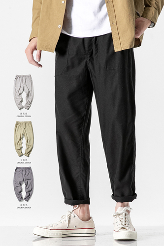 Japanese summer pants men's cotton linen pants men's loose nine part pants men's Harlan casual pants thin small foot trend brand