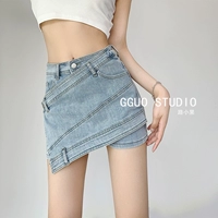 Джинсовая юбка, приталенные штаны, в американском стиле, высокая талия, с акцентом на бедрах