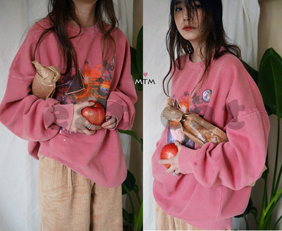 taobao agent Pink planets are particularly dedicated!Wonderful printing sweater Korean retro soft girl college loose long sleeve top