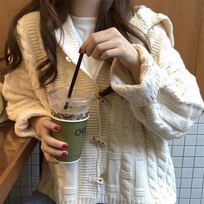 taobao agent Theme cute chao cute cow horn buckle ~ Twist knit sweater Korean retro school soft girl loose jacket