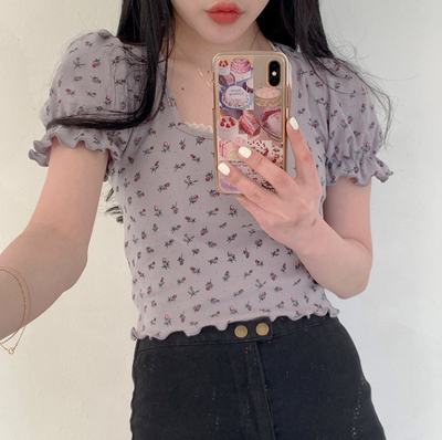 taobao agent Short fitted top, retro T-shirt, floral print, with short sleeve