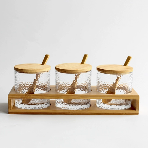 Японский стиль молоток стеклянный бамбук из дерева деревянный соль вкуса вкуса для домашнего кухонного танка сахарная банка приправы приправы приправы