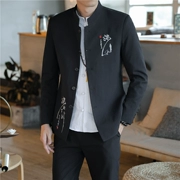 Bộ đồ nam thêu phong cách Trung Quốc Cổ áo mỏng cổ áo áo khoác nam Bộ đồ trẻ trung giản dị hai mảnh - Suit phù hợp
