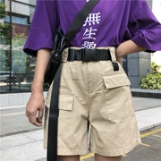Hàn quốc ulzzang Harajuku BF gió hoang dã retro yếm loose casual pocket shorts phụ nữ với vành đai thủy triều