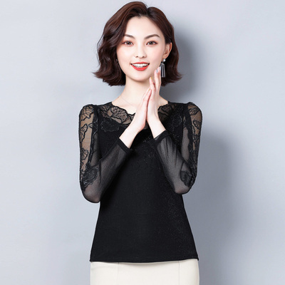 低领蕾丝打底衫女长袖秋冬装2019年新款亮丝网纱加绒上衣小衫t恤